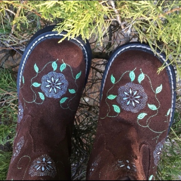 ROPER Boots FLORAL CHUNK Colorful Boho Suede Leather Brown Blue Green Size 7.5 - Picture 2 of 12